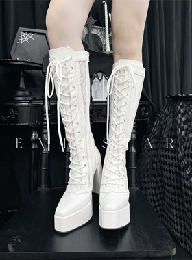 现货 猎魔骑士Lolita原创绒面冬哥特厚底粗跟辣妹黑白靴子