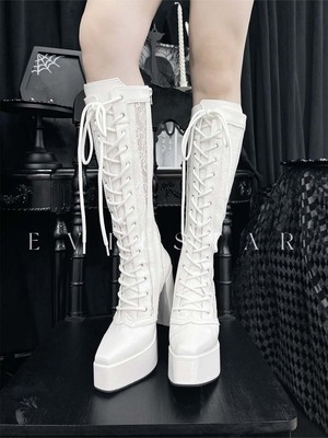 现货 猎魔骑士Lolita原创绒面冬哥特厚底粗跟辣妹黑白靴子