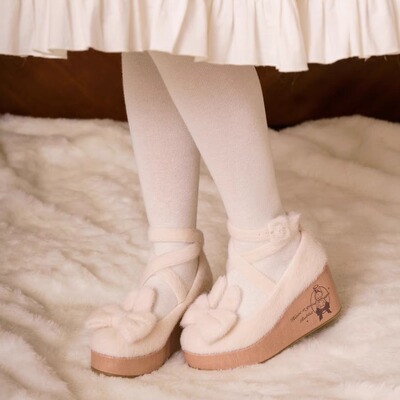 现货 兔子洞木底Doll坡跟日杂厚底Lolita毛绒软糯日系高跟鞋