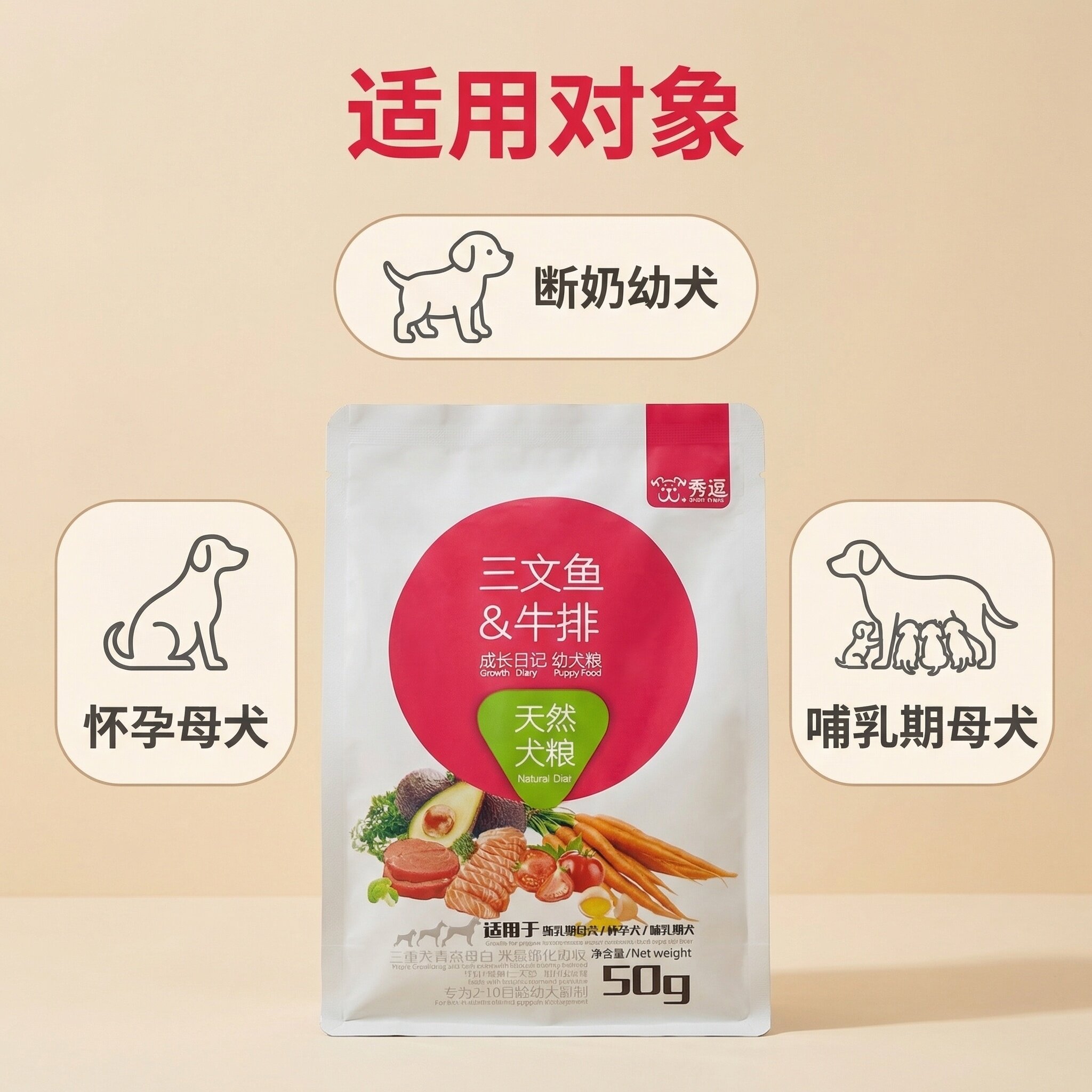 幼犬粮三文鱼牛排狗粮小袋子哺乳期犬怀孕犬离乳期幼犬试用装