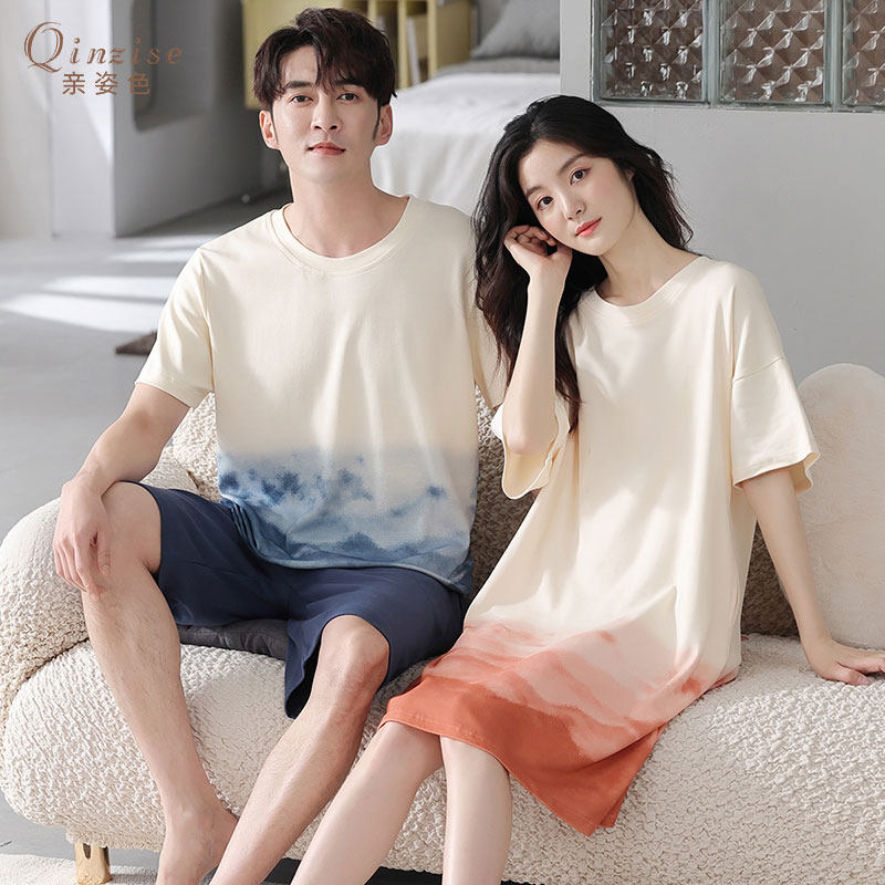 2套价 睡衣情侣夏季薄款纯棉短袖睡裙女家居服甜美大码男款套装夏