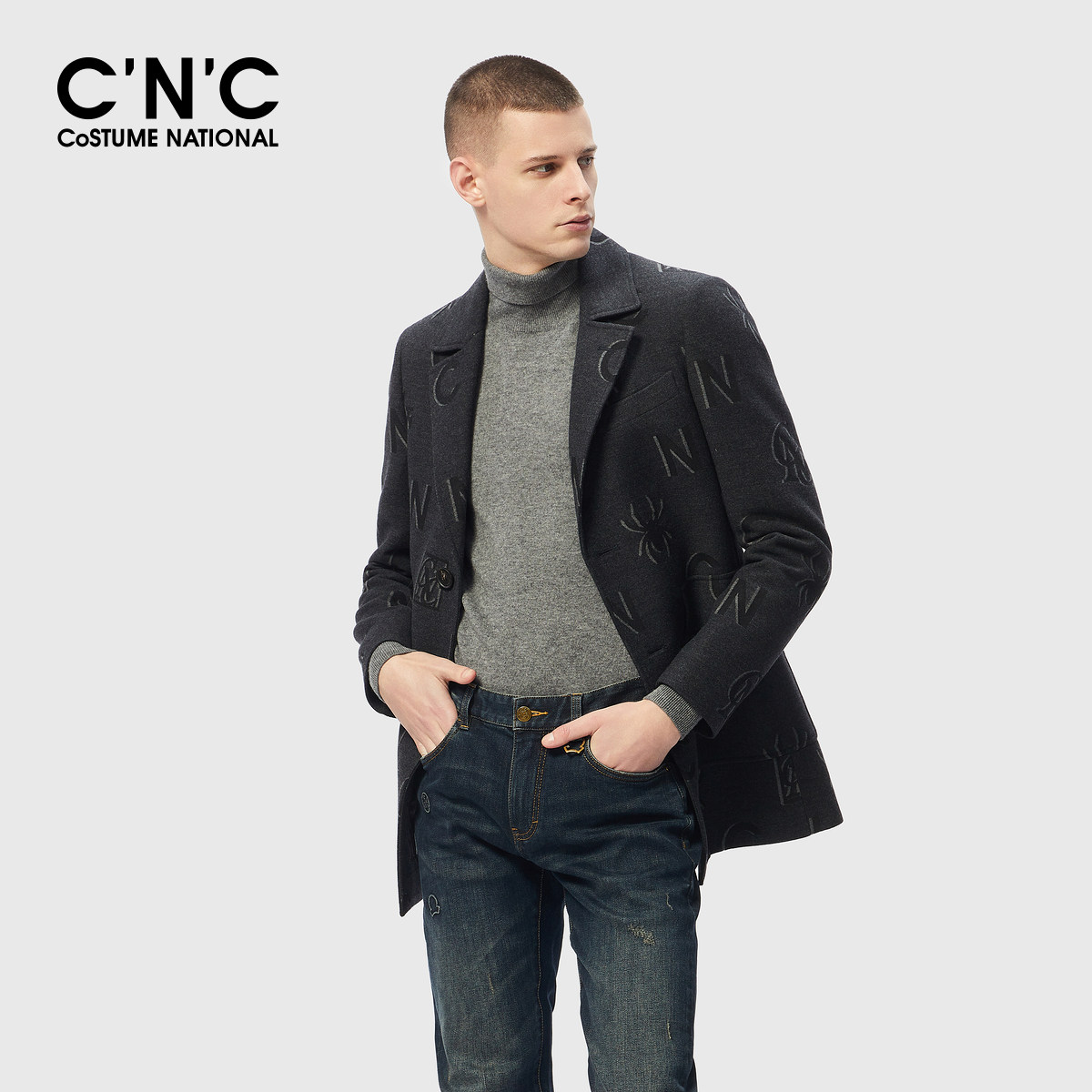 CNC男装奥莱字母满印中长款毛呢大衣西服外套