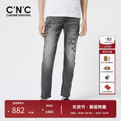 轻奢浅灰牛仔裤 CNC男装 奥莱格纹图案重工水洗春夏新品 男