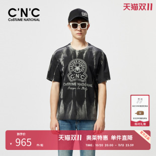 CNC男装奥莱黑色花版潮流个性短袖t恤男款夏季轻奢纯棉半袖