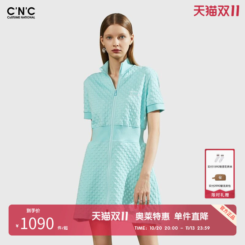 CNC女装奥莱夏季法式复古肌理感格子连衣裙女拉链中长裙