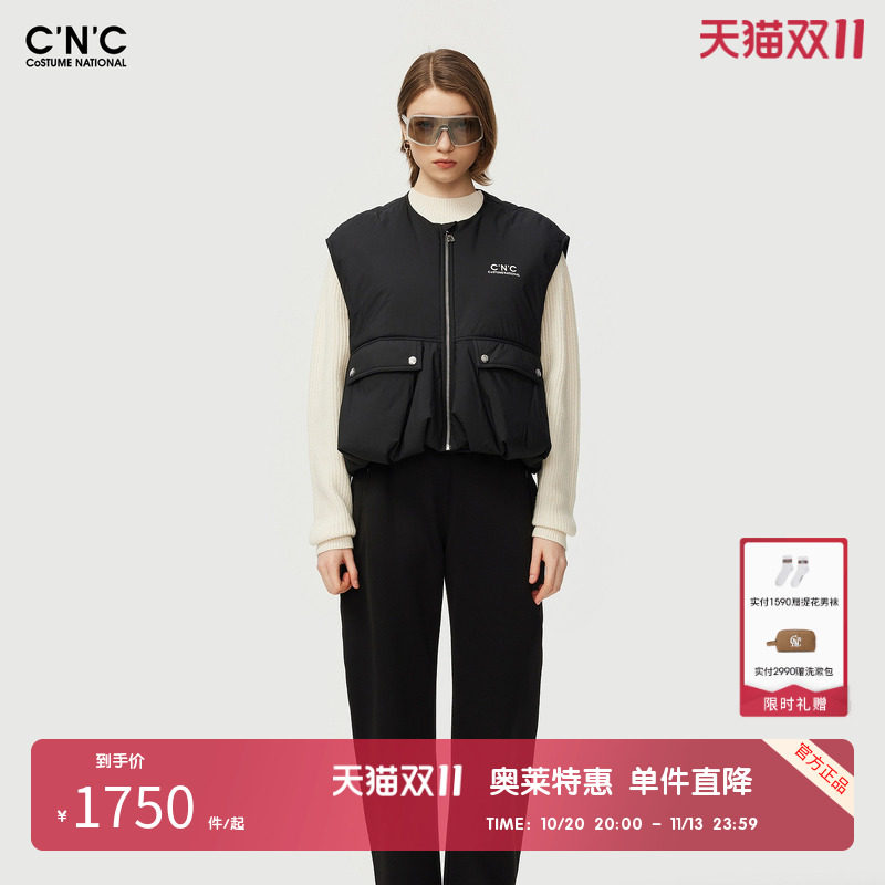 CNC女装奥莱轻奢休闲后背印花短款棉马甲女冬季保暖外穿无袖棉服