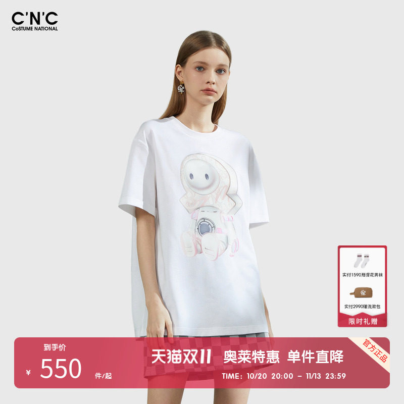 【100%棉】CNC女装奥莱潮玩印花长款短袖T恤女夏季宽松百搭打底衫