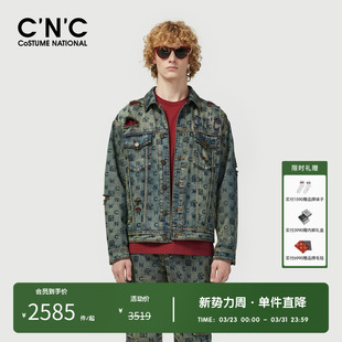 CNC男装 高街风潮流休闲满印logo外套 奥莱破洞牛仔夹克男春秋新款