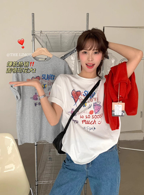 ELOF01111# 官图 21支纯棉210克（100%棉）卡通涂鸦印花短袖T恤女