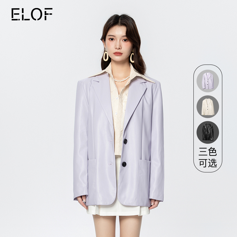 ELOF皮革西装外套设计感中长款女装收腰修身2022秋冬新款翻领百搭