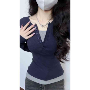 ELOF540#官图 40支纯棉（92棉/8氨纶）长袖T恤女假二件插色2026春