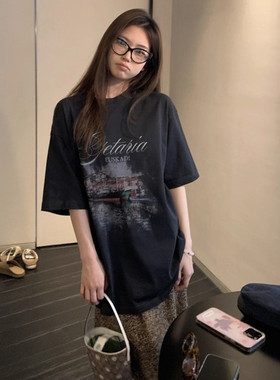 ELOF01863# 官图 21支纯棉210克（100%棉）短袖T恤女宽松大码印花