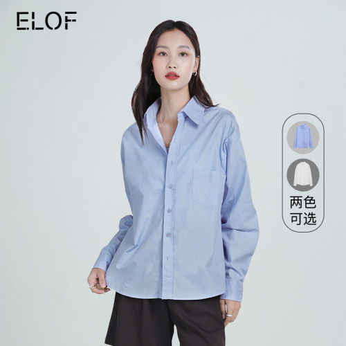 ELOF衬衫女夏季简约宽松长袖翻领衬衣职场商务通勤风宽松百搭显瘦