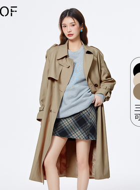 ELOF美拉德风新款英伦双排扣垂感杏色长款风衣外套女宽松黑色百搭