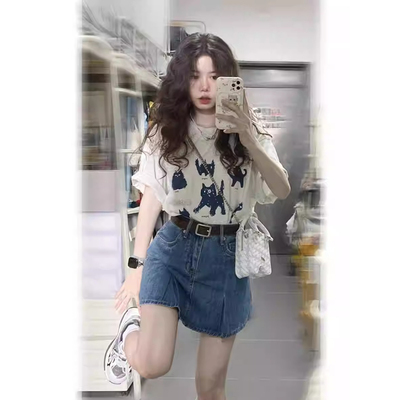 ELOF01178# 官图 21支纯棉210克（100%棉）港风chic短袖t恤女夏季