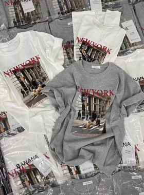 ELOF01559# 官图 21支纯棉210克（100%棉）印花狗狗字母宽松百搭