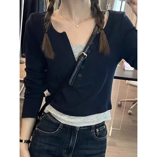 ELOF540#官图 40支纯棉（92棉/8氨纶）长袖T恤女假二件插色2026春