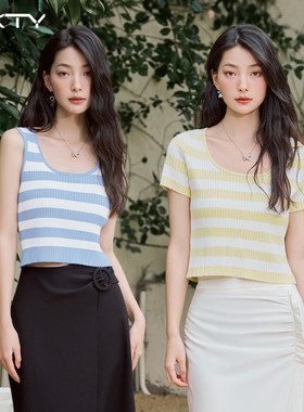 ELOF夏季条纹T恤女短袖打底衫新款美式正肩U领上衣棉薄款透气小众