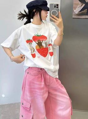 ELOF01143# 官图 21支纯棉210克（100%棉）欧货草莓印花短袖白色T