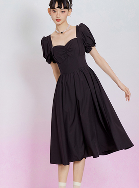 ELOF白色方领泡泡袖复古中长裙女黑色方领泡泡袖复古大摆中长裙