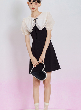 ELOF黑色娃娃领泡泡袖A字连衣裙复古大摆中长裙