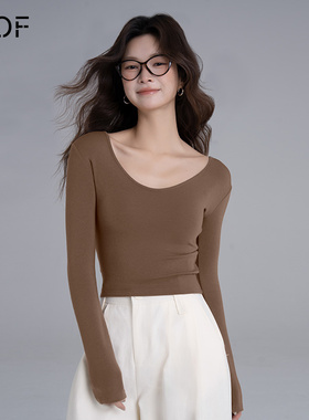 ELOF纯色U领V领长袖T恤女秋冬打底上衣
