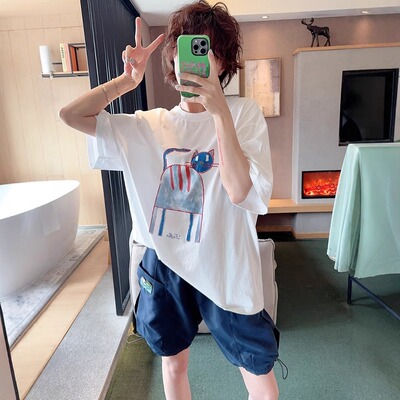 ELOF01970# 官图 21支纯棉210克（100%棉）短袖T恤女宽松大码印花