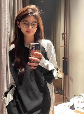 ELOF873#官图 21支纯棉（100%棉）春秋装长袖T恤女宽松撞色印花