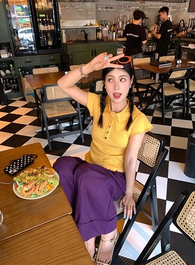 ELOF针织正肩短袖女夏季套头修身显瘦彩扣polo领弹力T恤黄色上衣