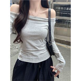 ELOF509# 实拍 纯棉40支(92%棉8%氨纶) 秋装长袖T恤女一字领