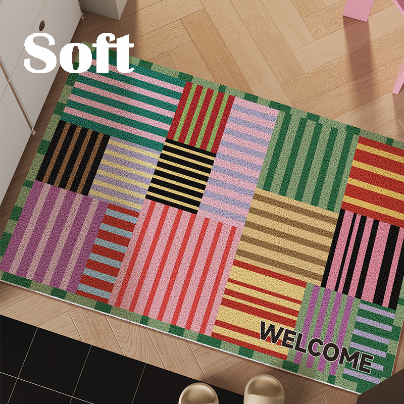 彩条拼接丝圈地垫入户门垫子防滑可裁剪免清洗玄关口耐磨除尘脚垫