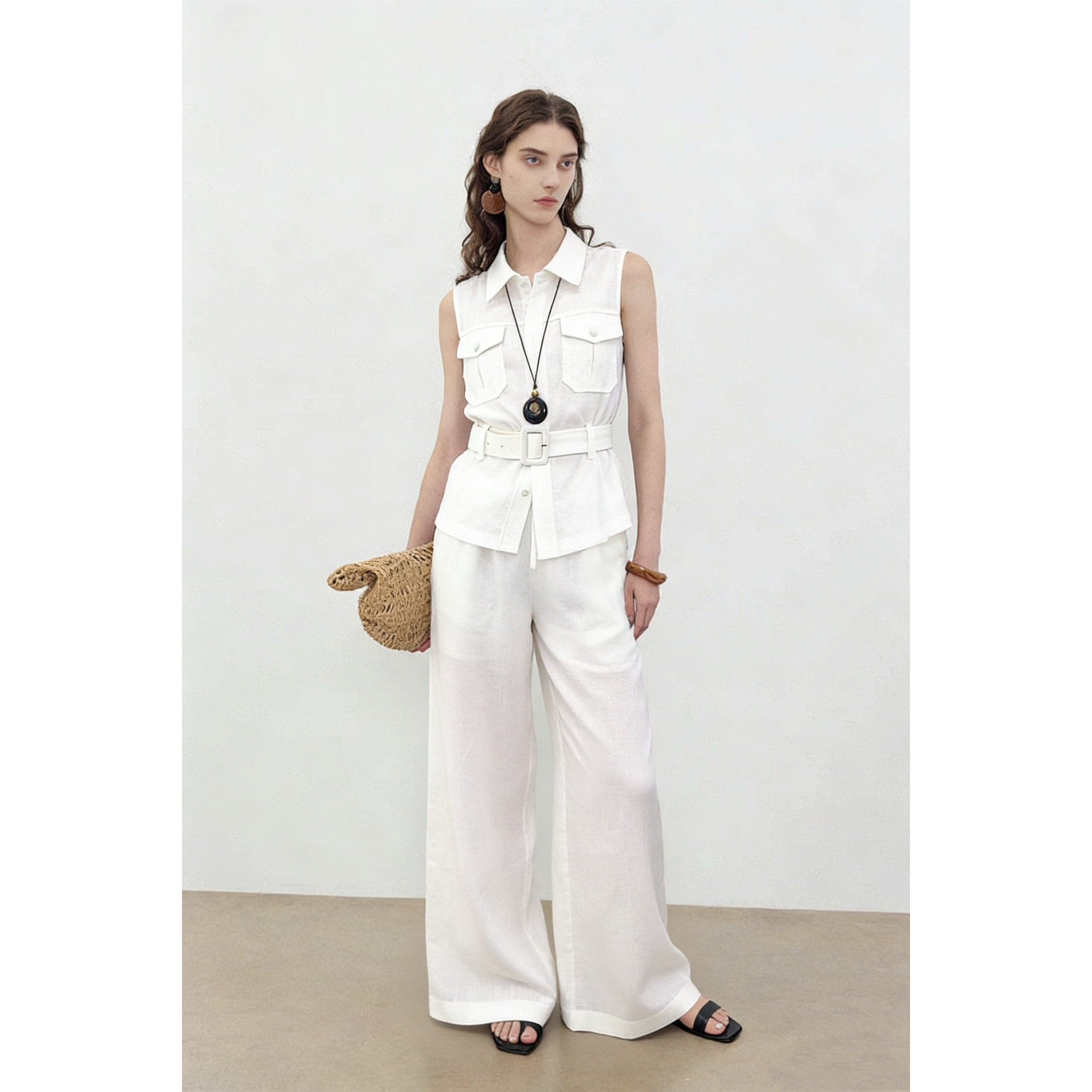 深圳南油职场高级感蓝色无袖衬衫阔腿裤两件套女夏季通勤穿搭套装