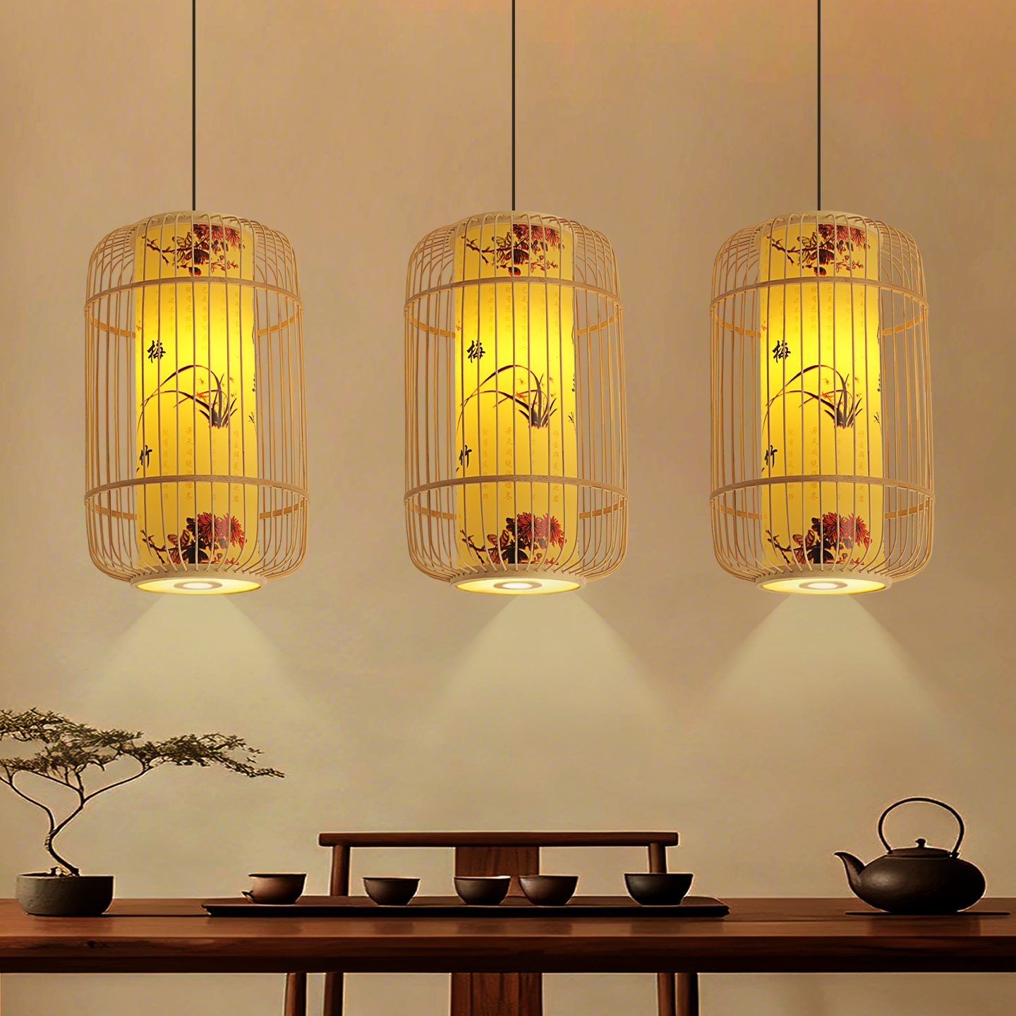 中式禅意竹编吊灯民宿茶室餐厅鸟笼竹艺灯罩复古饭店火锅店带射灯