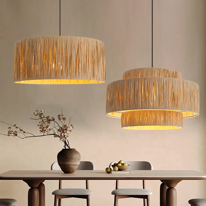 餐厅吊灯复古拉菲草编手工编织客栈民宿灯日式藤艺侘寂风卧室灯饰