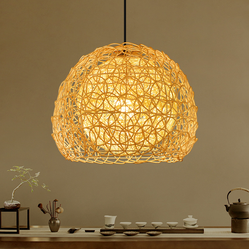 日式餐厅藤艺吊灯创意个性民宿卧室床头装饰灯具复古简约麻球吊灯