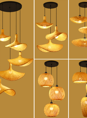 竹编组合吊灯餐厅卧室客厅民宿灯笼中式复古藤编多头楼梯竹艺灯具