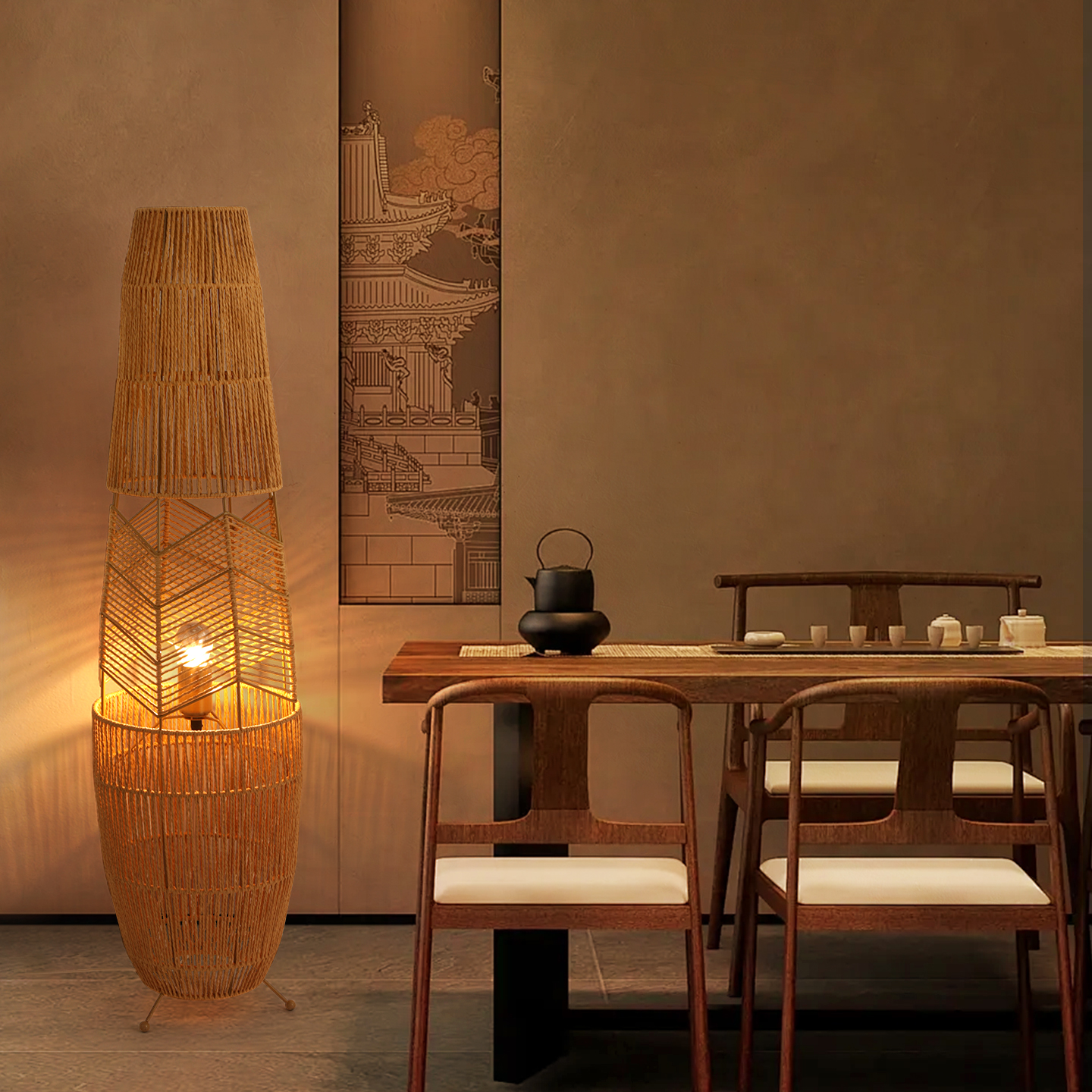 日式复古侘寂风麻绳落地灯床头卧室客厅沙发手工编织民宿装饰灯