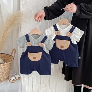 韩版婴儿包屁衣男童夏季新款可爱大口袋假两件外出服宝宝短袖爬服