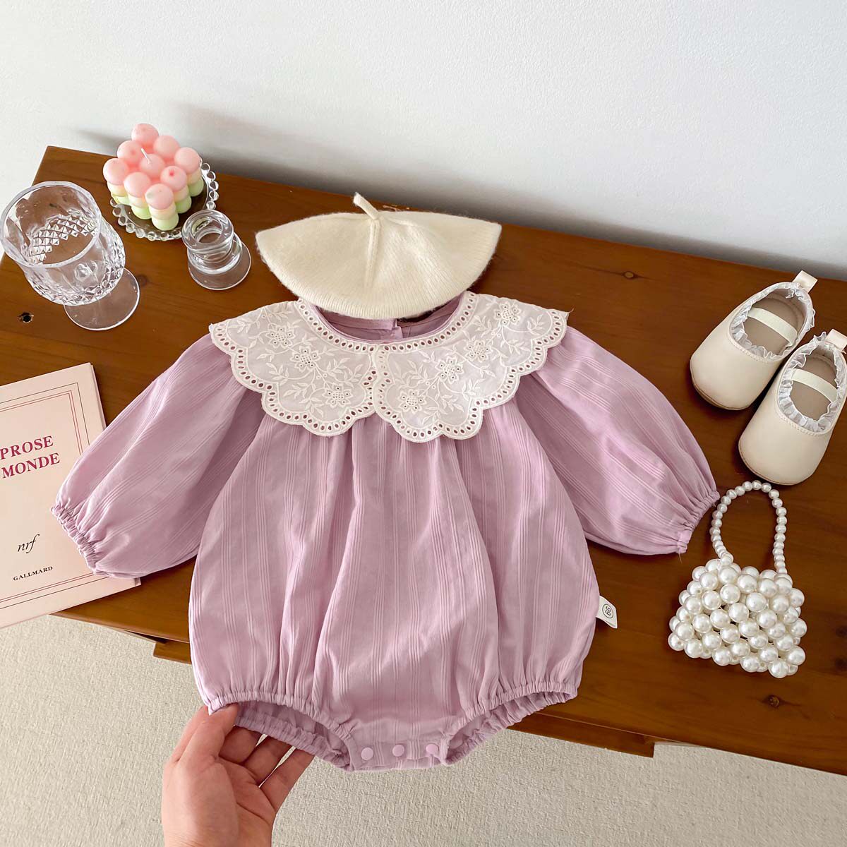 春秋新款婴儿装超萌可爱女宝包屁哈衣蕾丝娃娃领满月百日周岁礼服