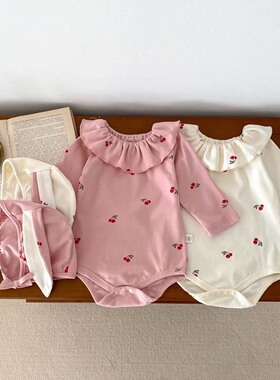 韩版婴儿春季女宝荷叶领包屁衣新生儿0-2岁樱桃印花可爱超萌哈衣