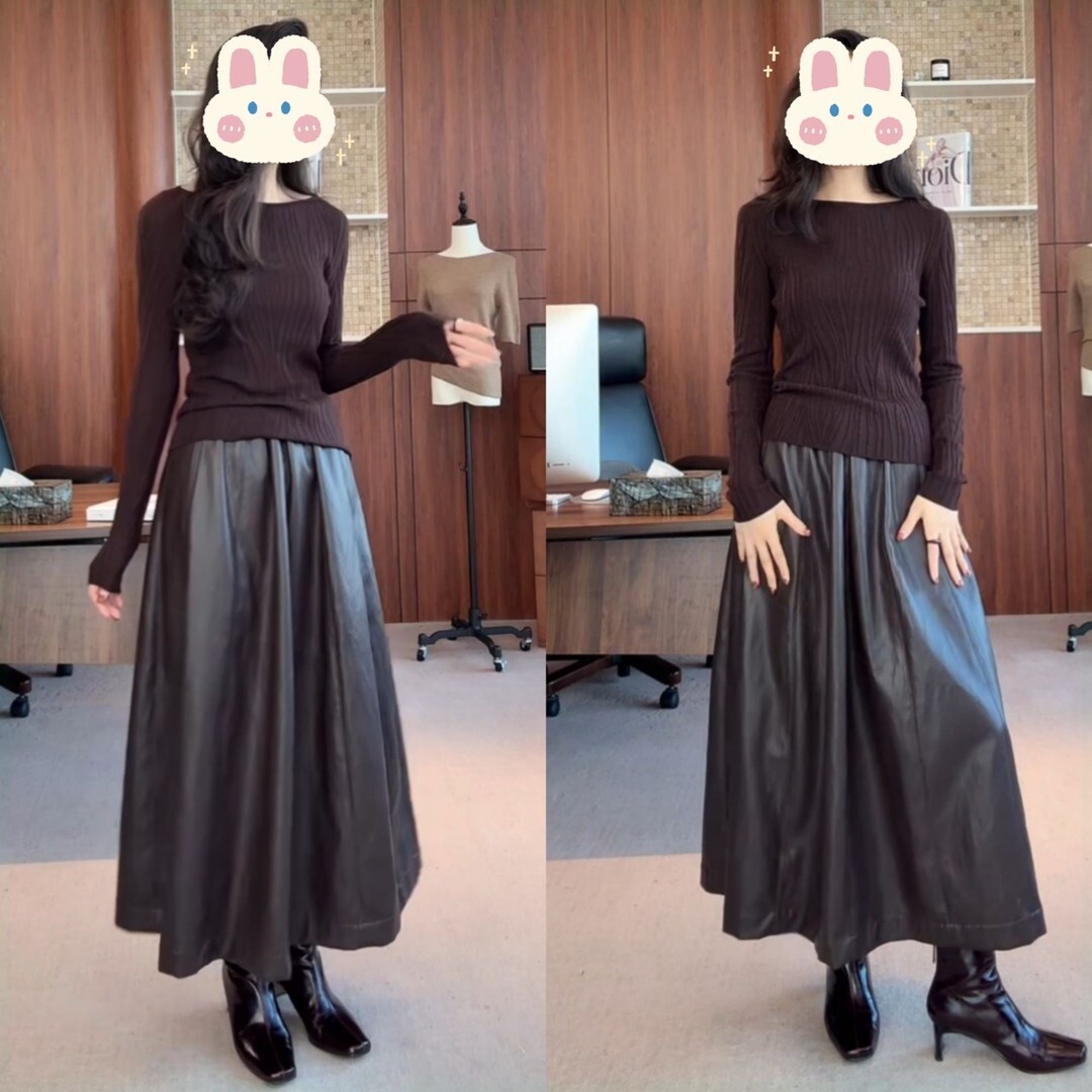皮裙伞裙BB503工作室原创款修身镂空气质长袖针织衫+秋款上新蛋白