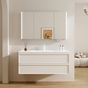 法式 奶油风陶瓷岩板热弯一体盆洗漱台卫浴柜卫生间浴室柜组合定制