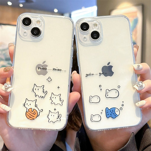 线条小鱼猫咪情侣手机壳