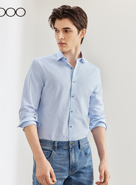 【易打理】G2000男春秋新款柔软舒适时尚蓝色复古条纹长袖衬衫男.