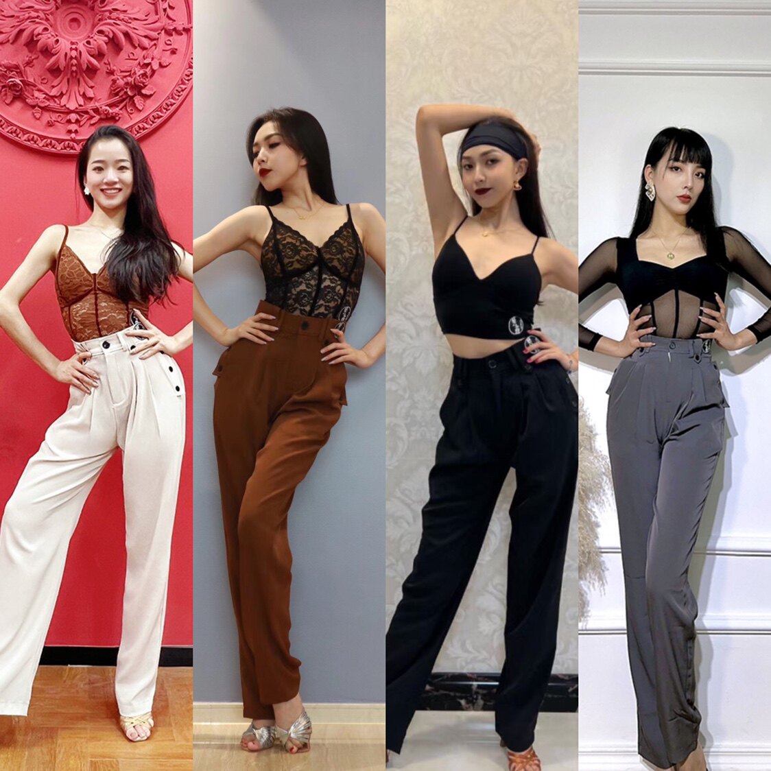 艺鑫舞服拉丁舞裤子女士练舞裤黑色直筒裤纽扣口袋裤西装面料长裤