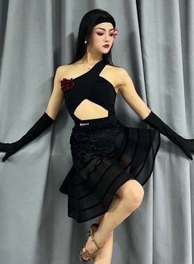 WN婉霓舞服斜黑色肩镂空体操服印花植绒鱼骨半身裙表演艺考跳舞女