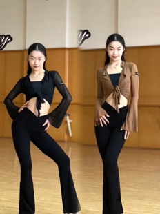 Morry拉丁舞服长袖网纱开衫系带内搭背心黑色V腰喇叭裤练功服女士