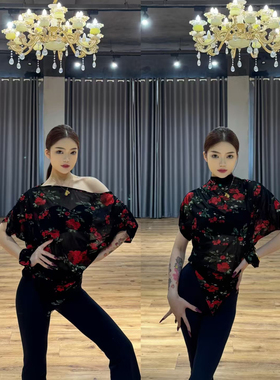 Loyal拉丁舞服玫瑰印花短袖罩衫上衣斜肩高领教课练舞艺考表演女