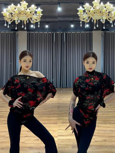 Loyal拉丁舞服玫瑰印花短袖罩衫上衣斜肩高领教课练舞艺考表演女