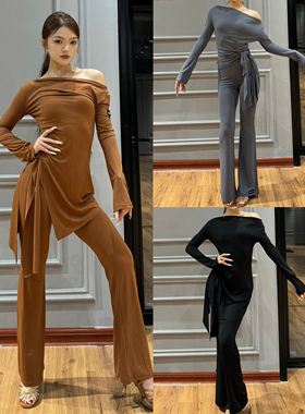 Ella-d拉丁舞服露肩长袖上衣罩衫喇叭裤棕黑灰色套装教课练舞表演